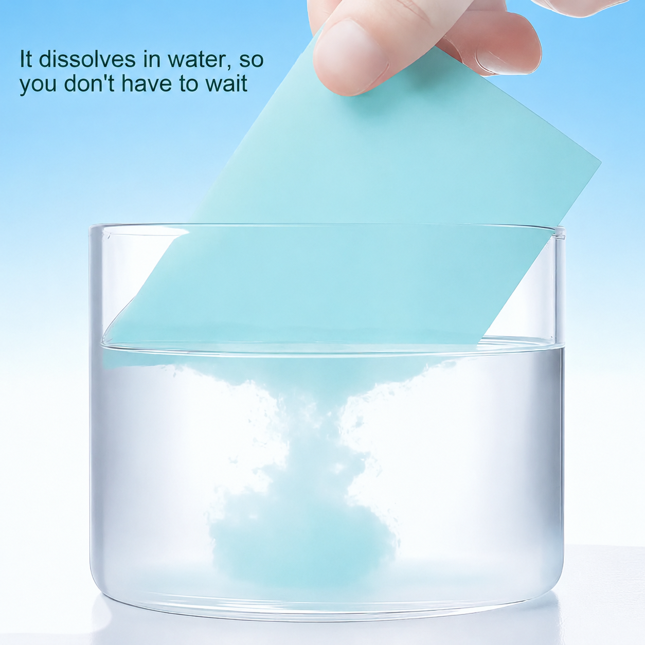 A blue floor cleaning sheet dissolving in water