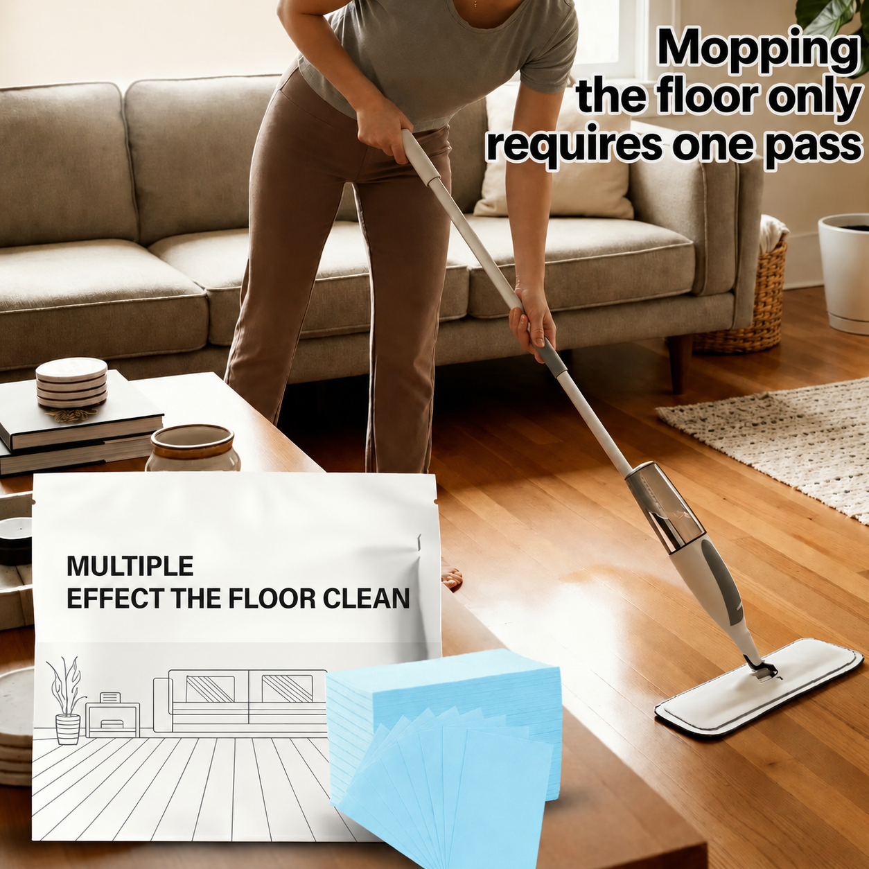 Mopping a wood-look floor in a living room
