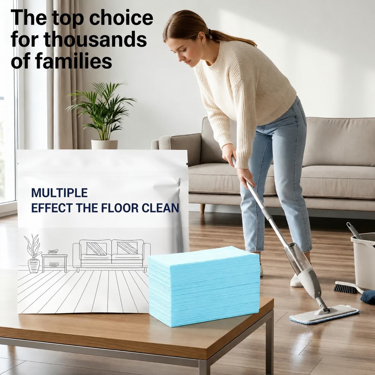 Concentrated floor cleaning sheets displayed in a clean living room