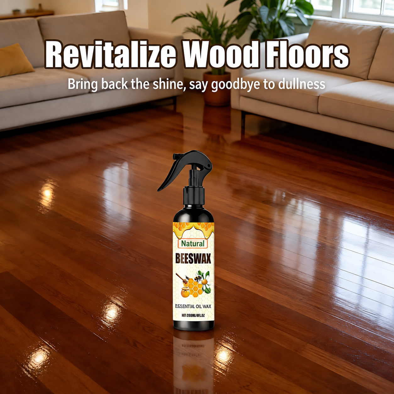 Natural Beeswax spray displayed on a polished wooden floor